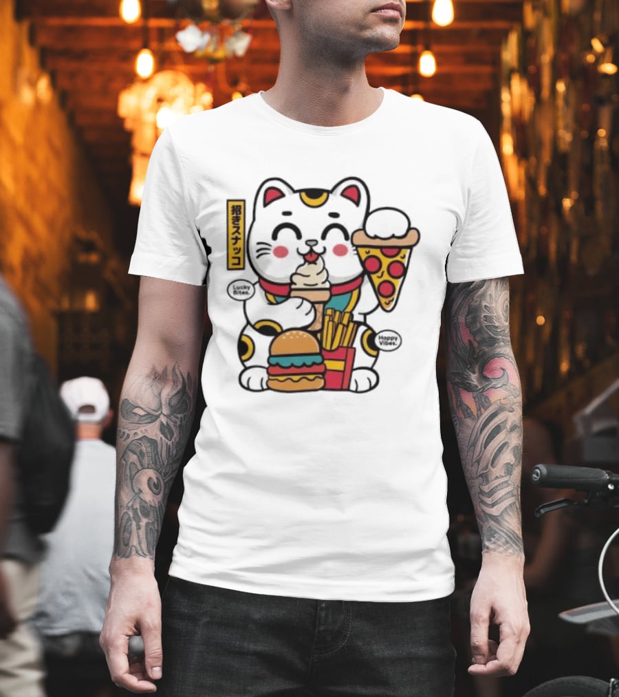 Lucky Bites Happy Vibes Maneki Neko Cat Ice Cream Pizza Burger Fries T-Shirt