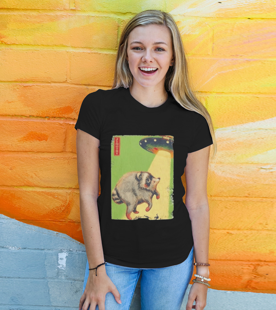 Jimothy Raccoon Abducted By UFO Alien Beam On Green T-Shirt