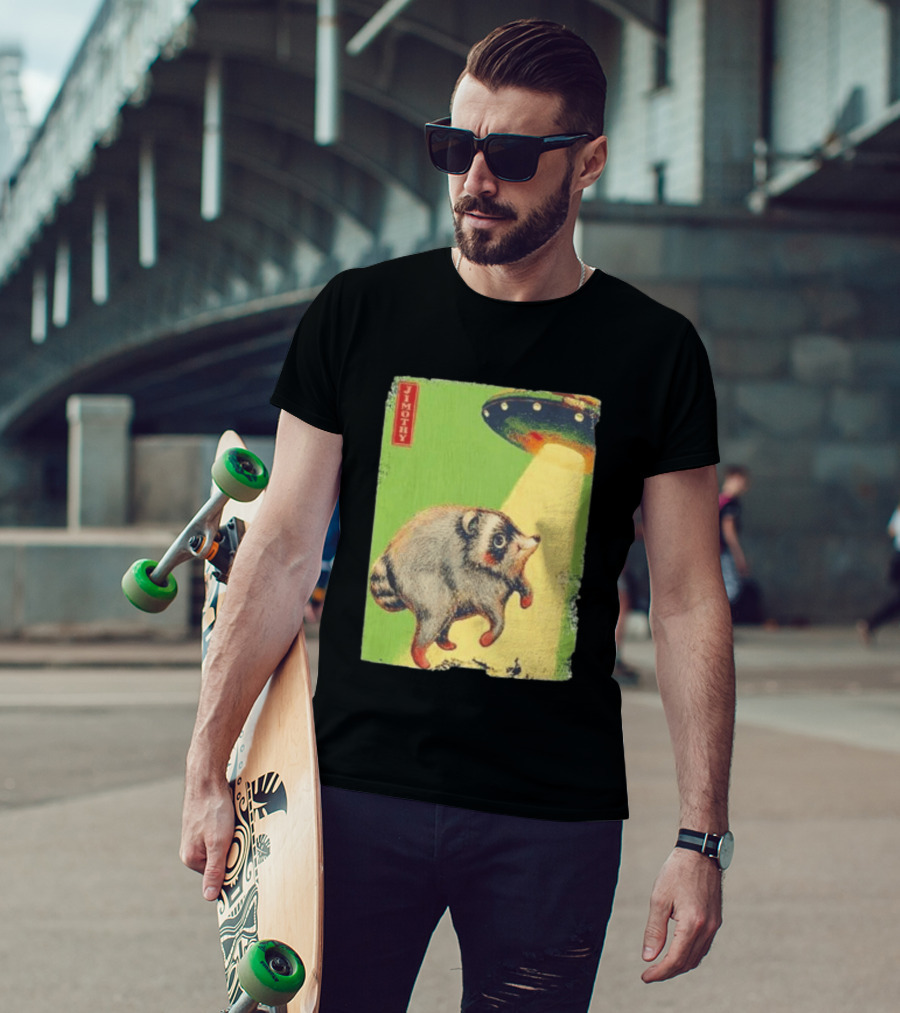 Jimothy Raccoon Abducted By UFO Alien Beam On Green T-Shirt