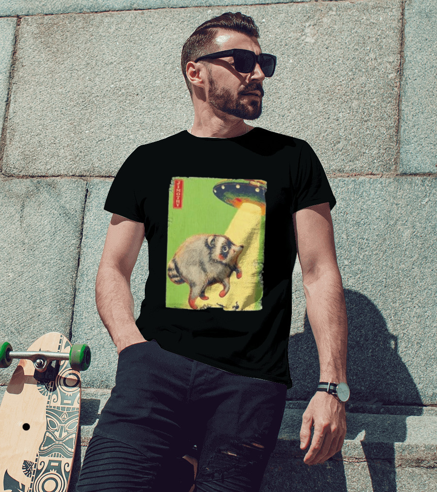 Jimothy Raccoon Abducted By UFO Alien Beam On Green T-Shirt