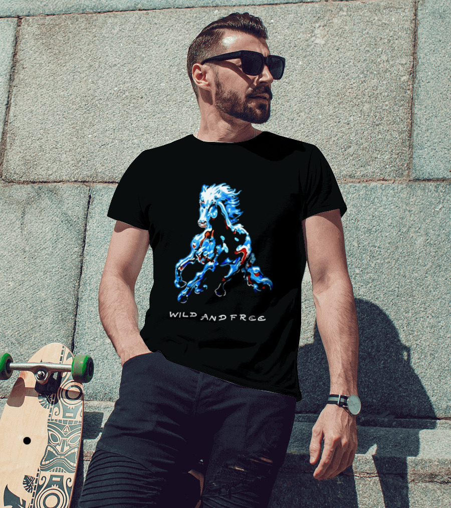 Wild Horse Wild And Free Blue Red Watercolor T-Shirt