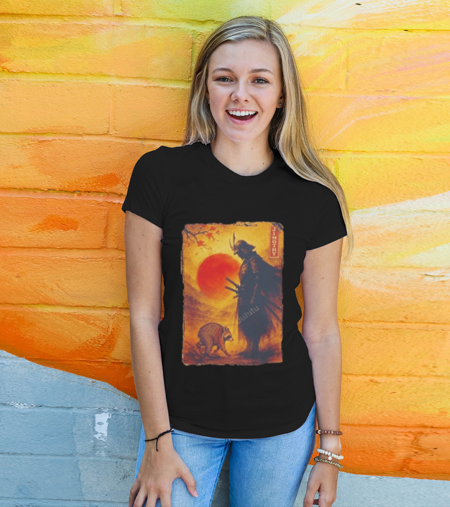 Jimothy Samurai Warrior And Raccoon Japanese Sunset T-Shirt