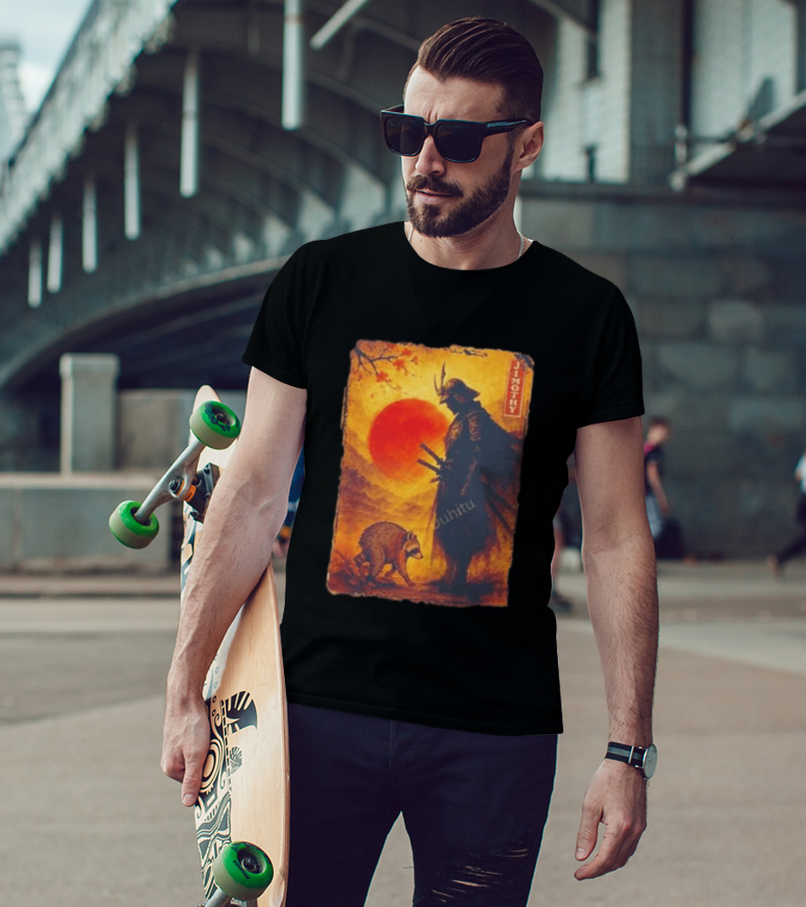 Jimothy Samurai Warrior And Raccoon Japanese Sunset T-Shirt