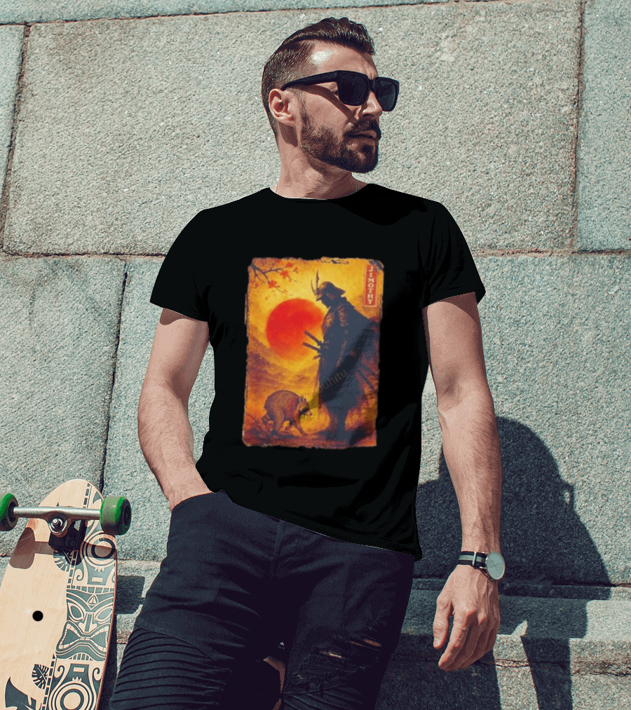 Jimothy Samurai Warrior And Raccoon Japanese Sunset T-Shirt
