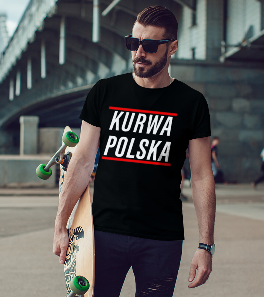 Kurwa Polska Bold White Text Design Red Lines T-Shirt