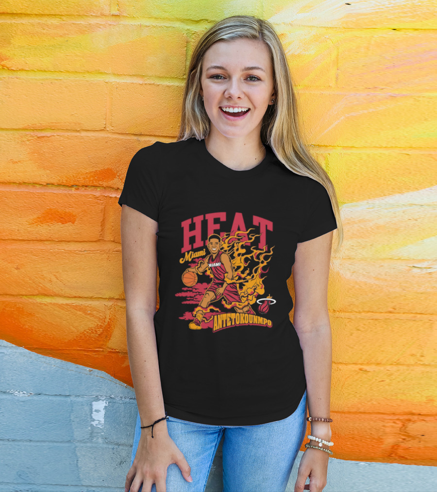 Miami Heat Giannis Antetokounmpo Basketball Caricature With Flames T-Shirt