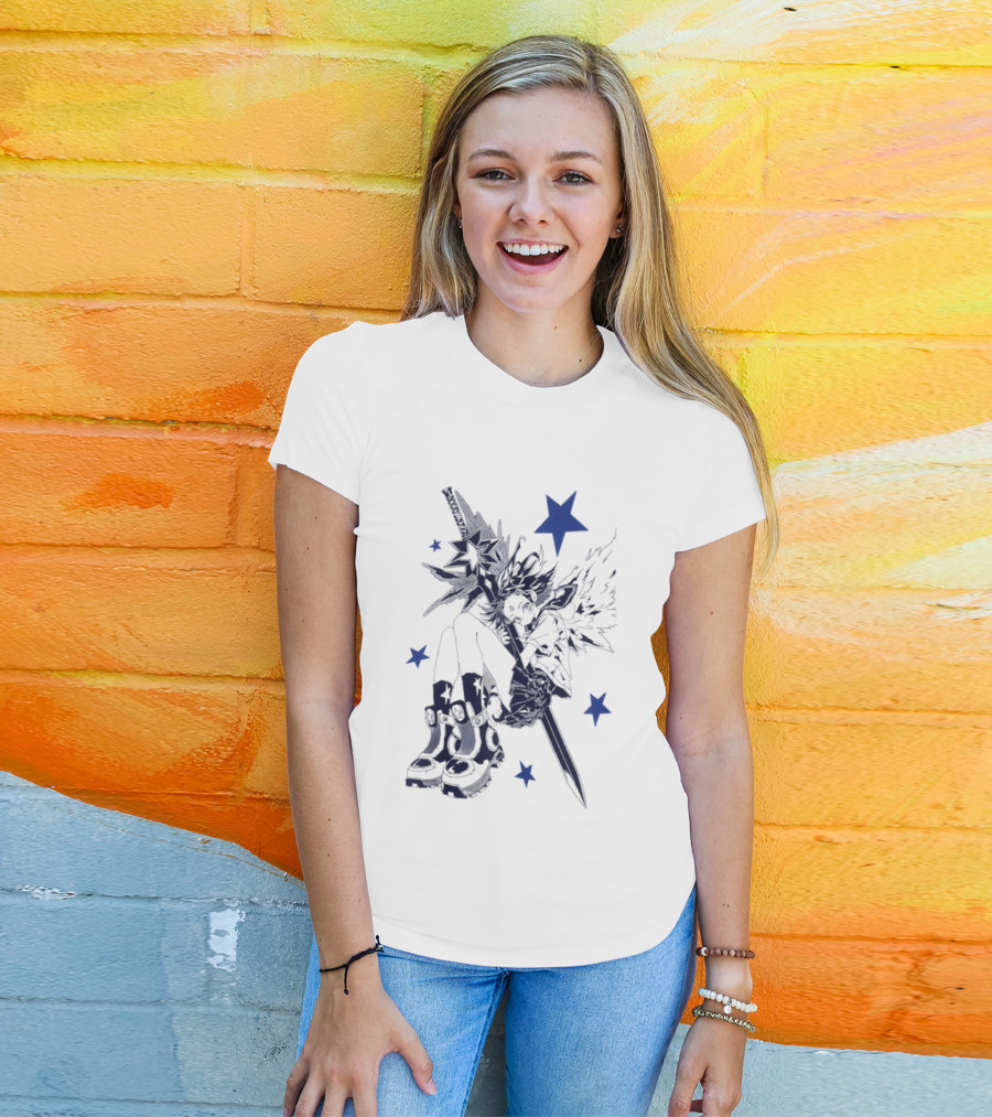 Arkestar Anime Girl Sword Wings Blue Stars T-Shirt