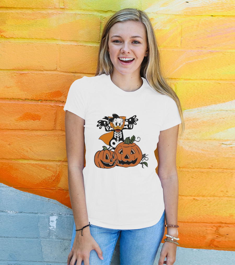 Donald Duck Skeleton Costume With Pumpkins Disney Halloween T-Shirt