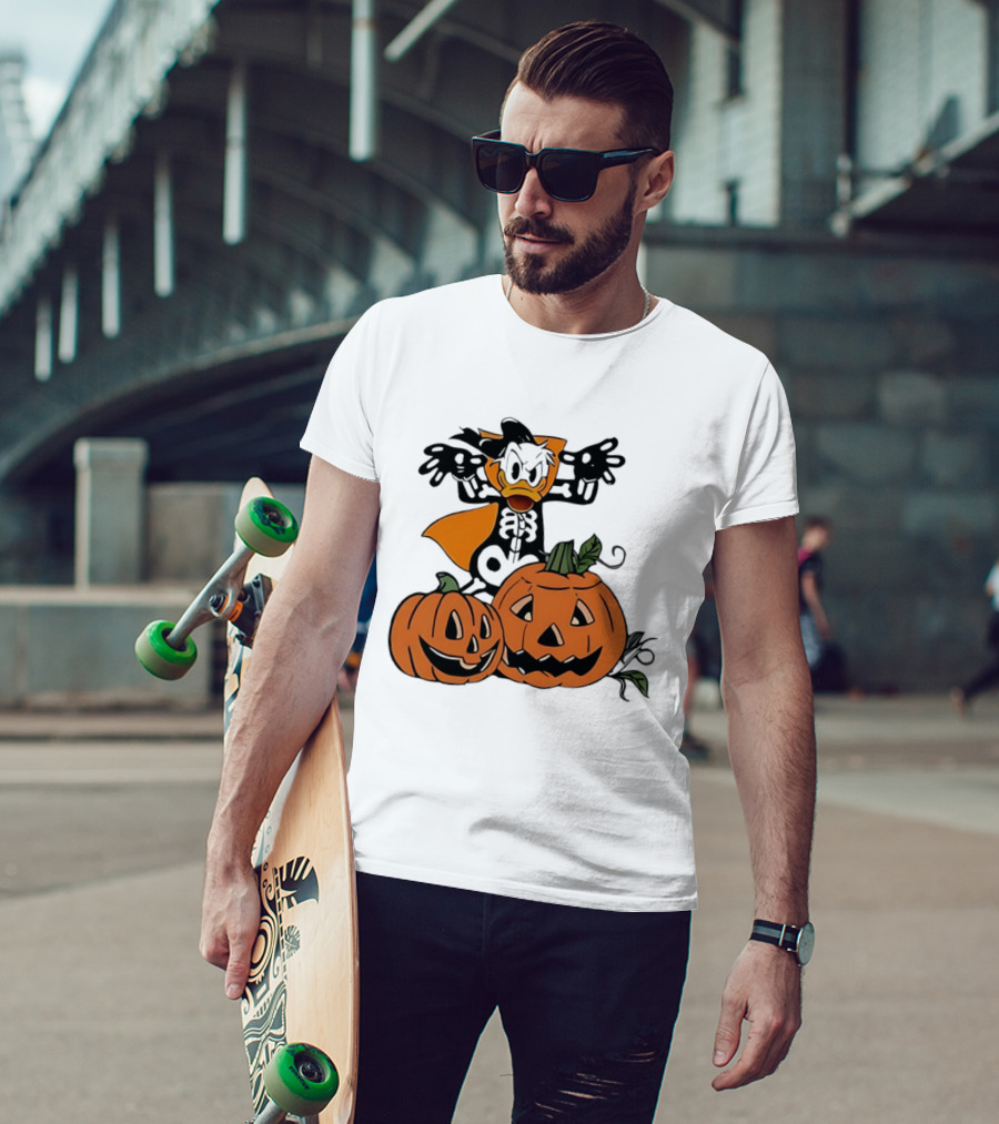 Donald Duck Skeleton Costume With Pumpkins Disney Halloween T-Shirt