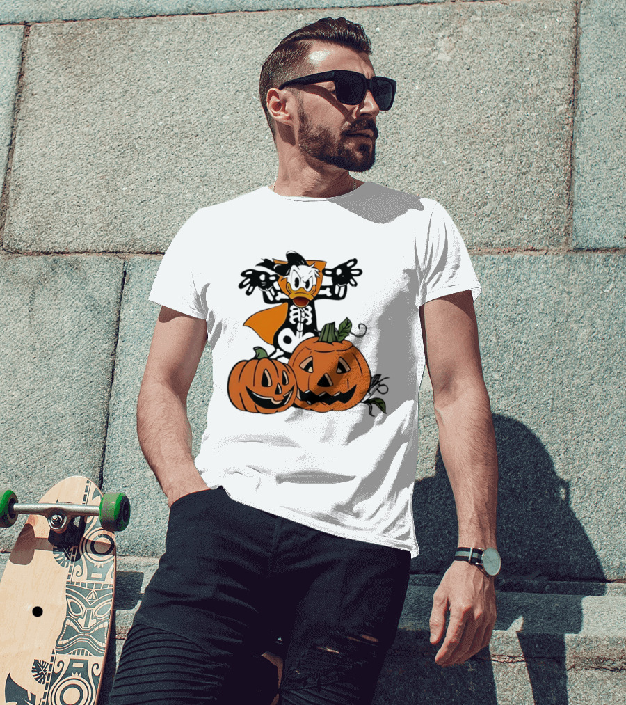 Donald Duck Skeleton Costume With Pumpkins Disney Halloween T-Shirt