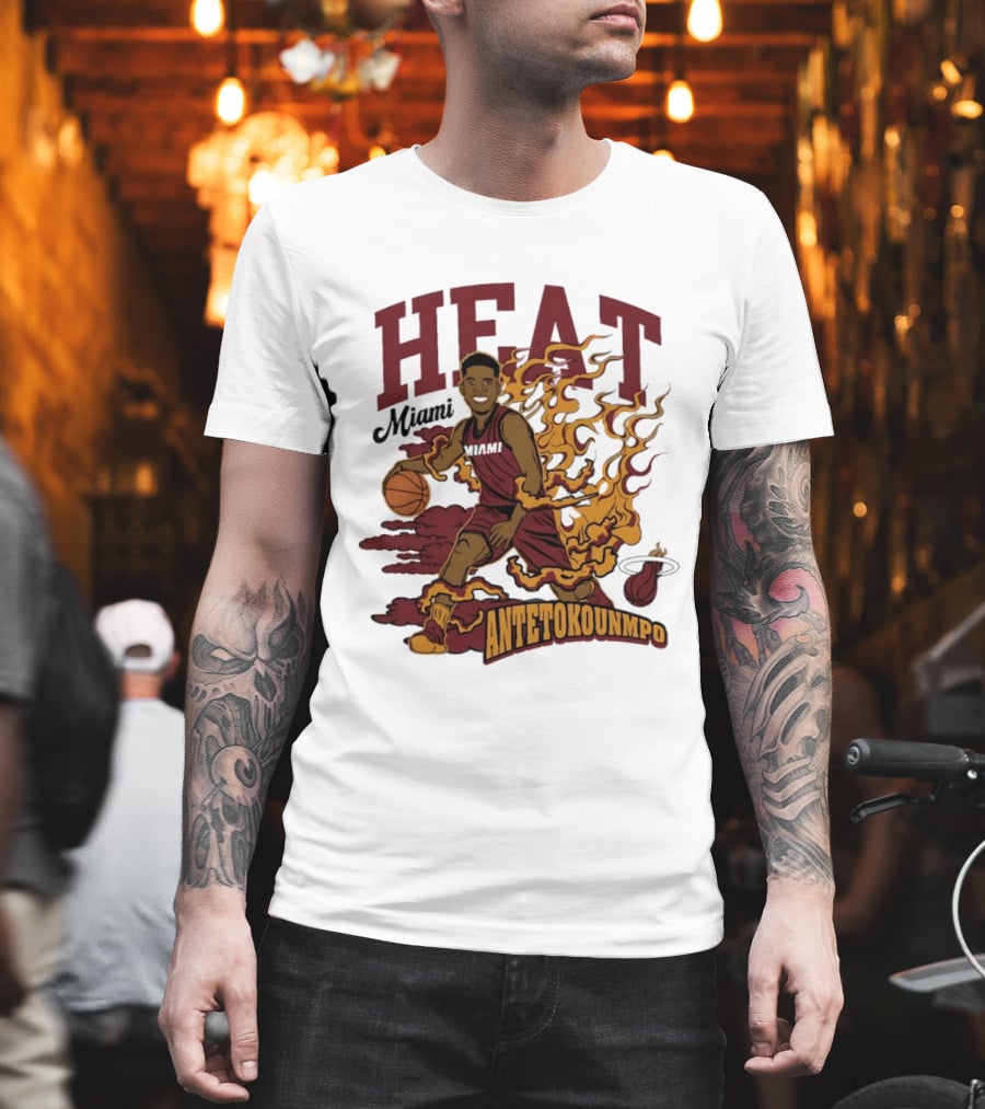Miami Heat Antetokounmpo Basketball Flame Comic T-Shirt