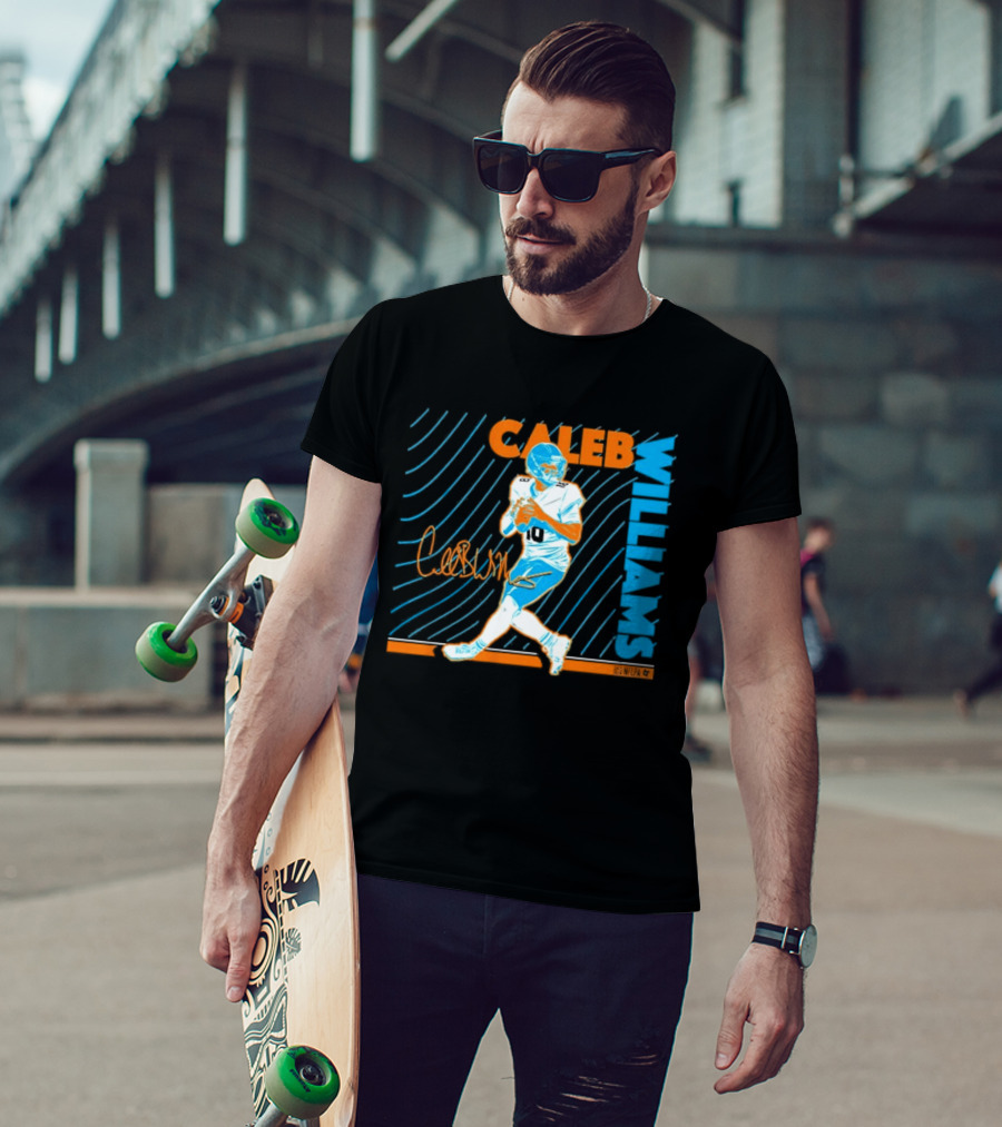 Caleb Williams Neon Nights Football Pose With Signature T-Shirt