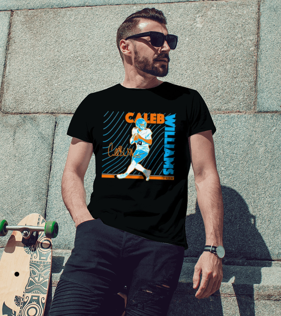 Caleb Williams Neon Nights Football Pose With Signature T-Shirt