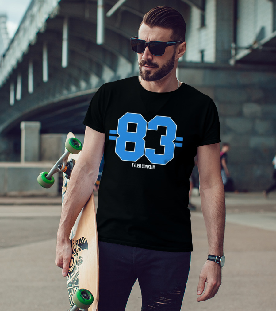 Tyler Conklin 83 Blue Stripe Detroit Lions Number T-Shirt