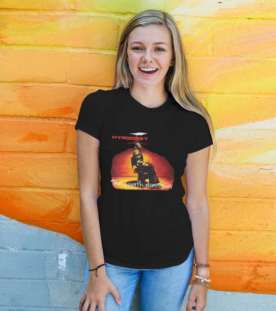 Hypocrisy The Fourth Dimension Red Text And Seated Figure T-Shirt