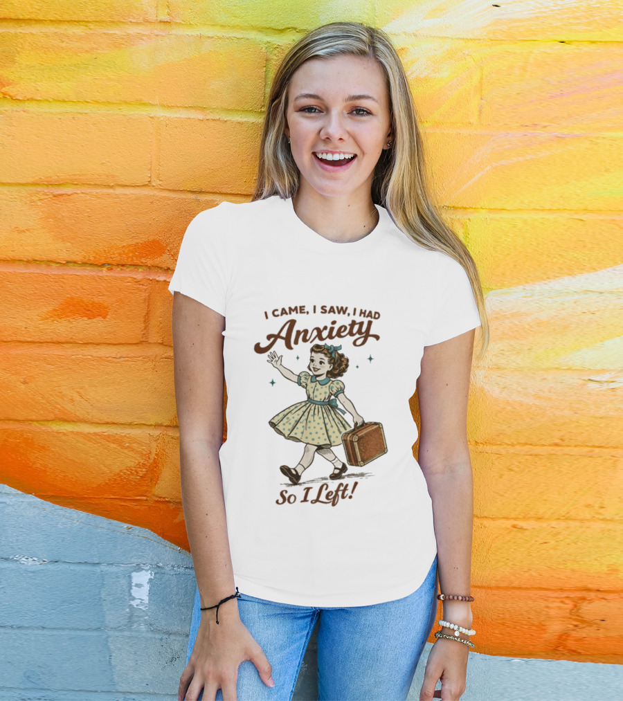 I Came I Saw I Had Anxiety So I Left Vintage Style Retro Girl Carrying Suitcase T-Shirt