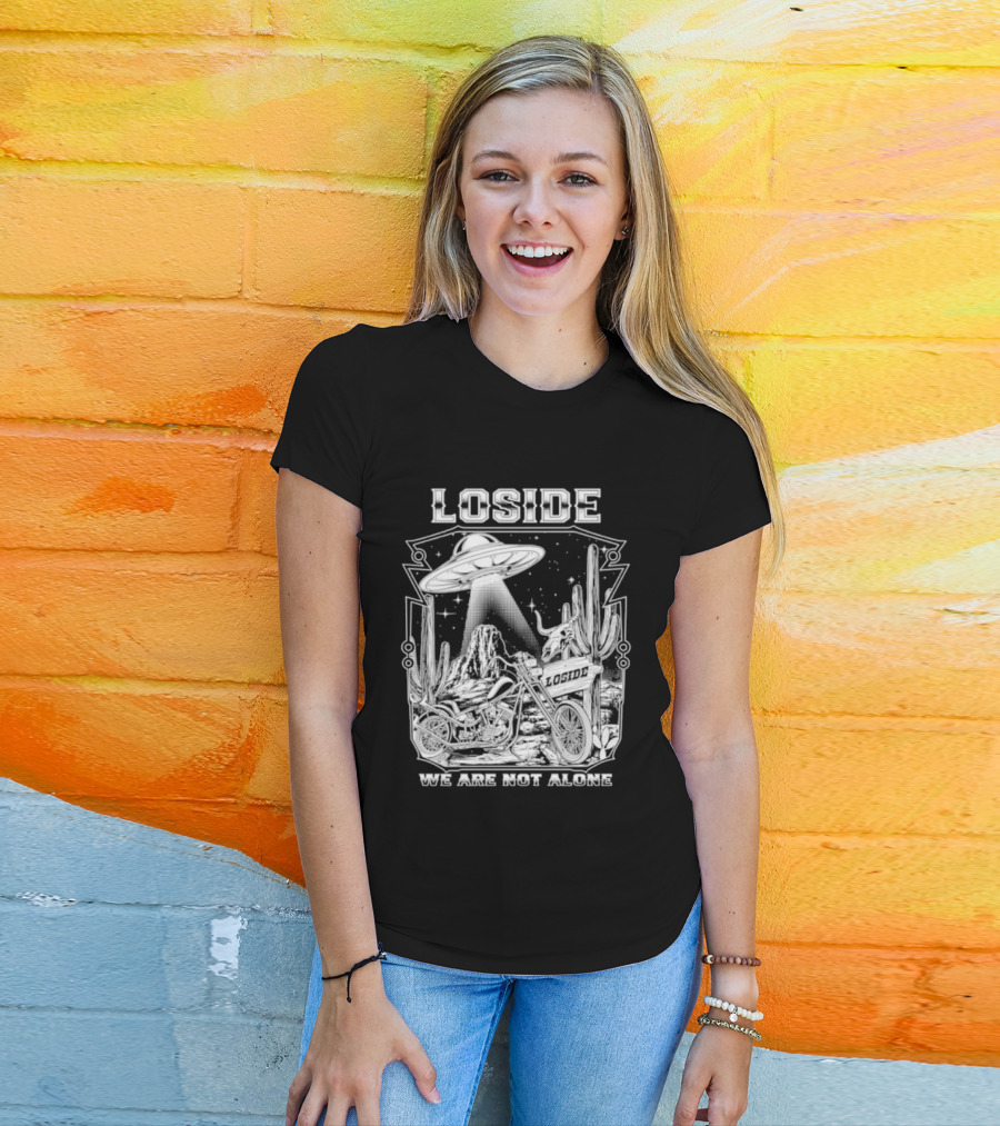 Loside We Are Not Alone UFO Motorcycle Desert Scene Cactus Stars T-Shirt