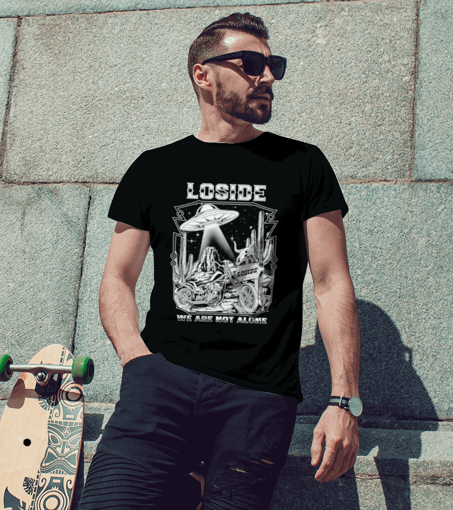 Loside We Are Not Alone UFO Motorcycle Desert Scene Cactus Stars T-Shirt