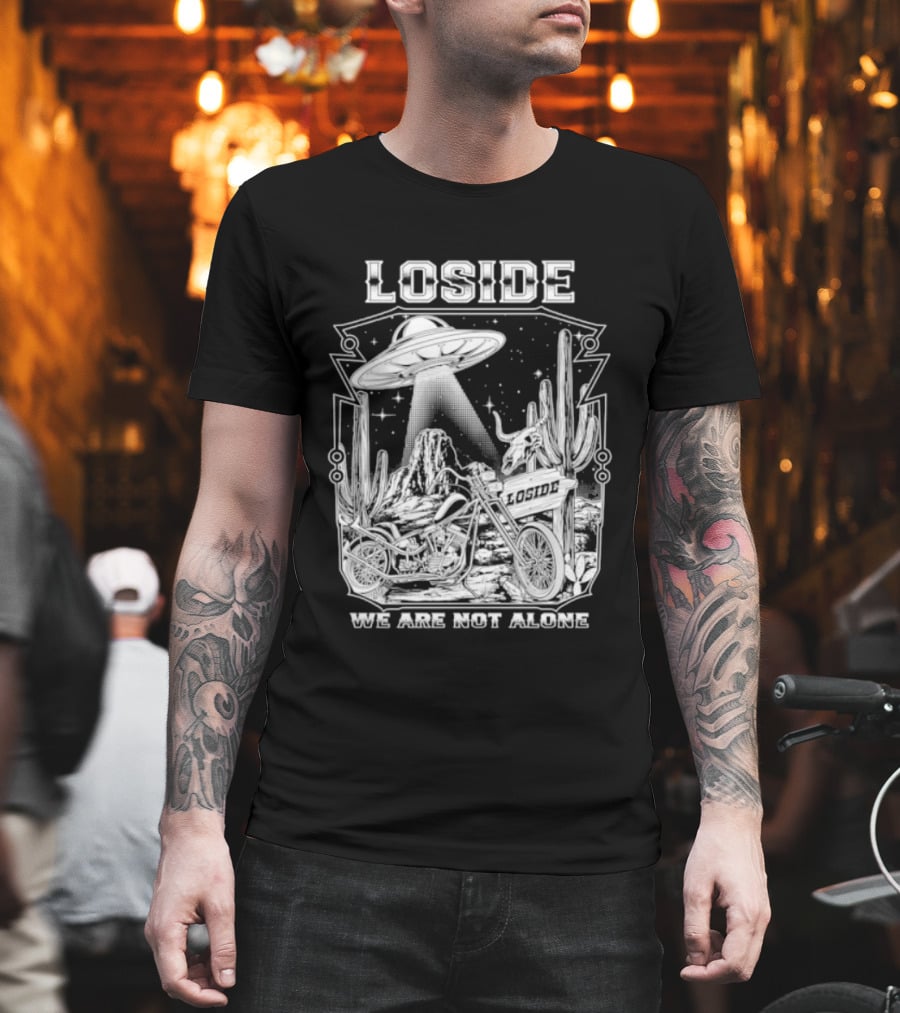 Loside We Are Not Alone UFO Motorcycle Desert Scene Cactus Stars T-Shirt