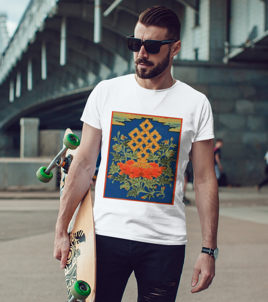 Srivatsa Endless Knot Floral Design Buddhist Symbol With Blossoms T-Shirt