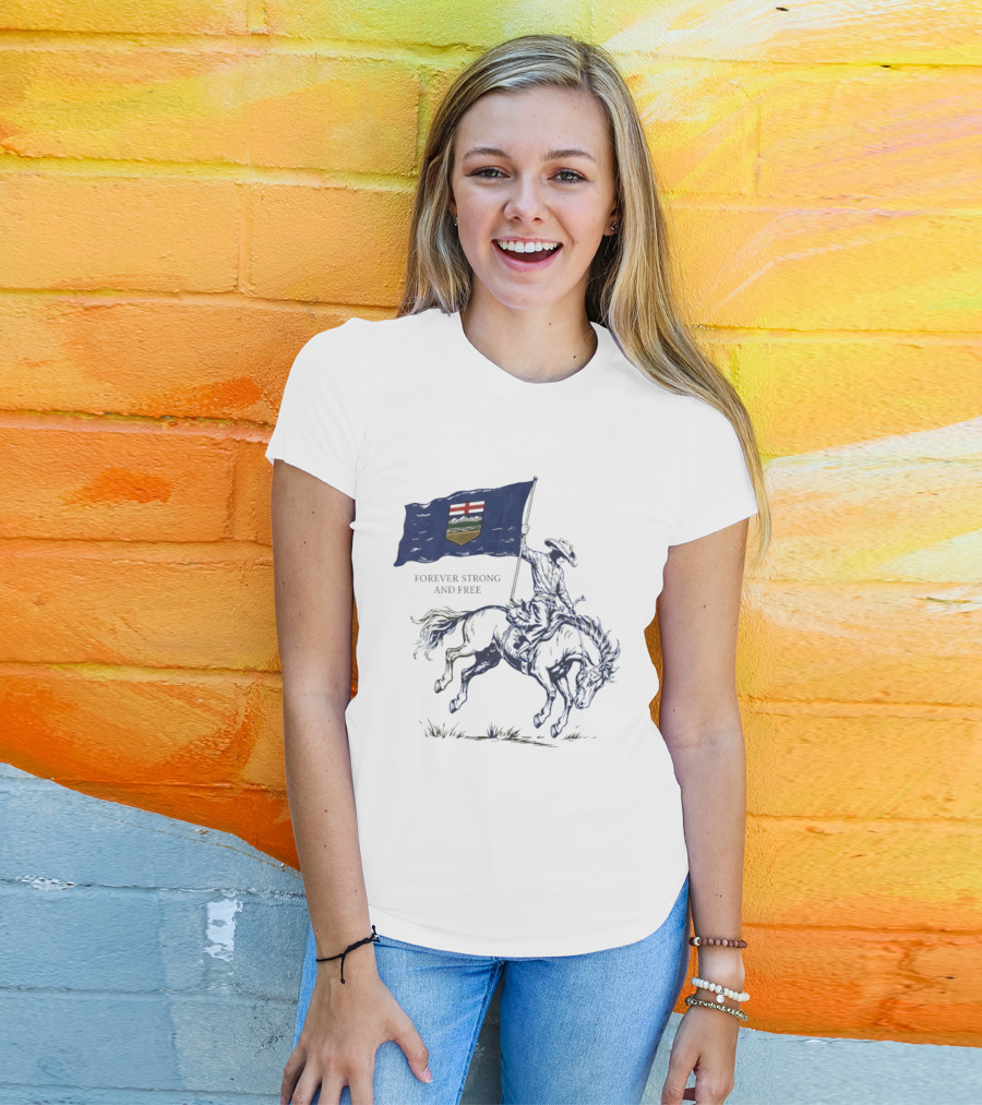 Alberta Flag Forever Strong And Free Bronco Rider Cowboy T-Shirt