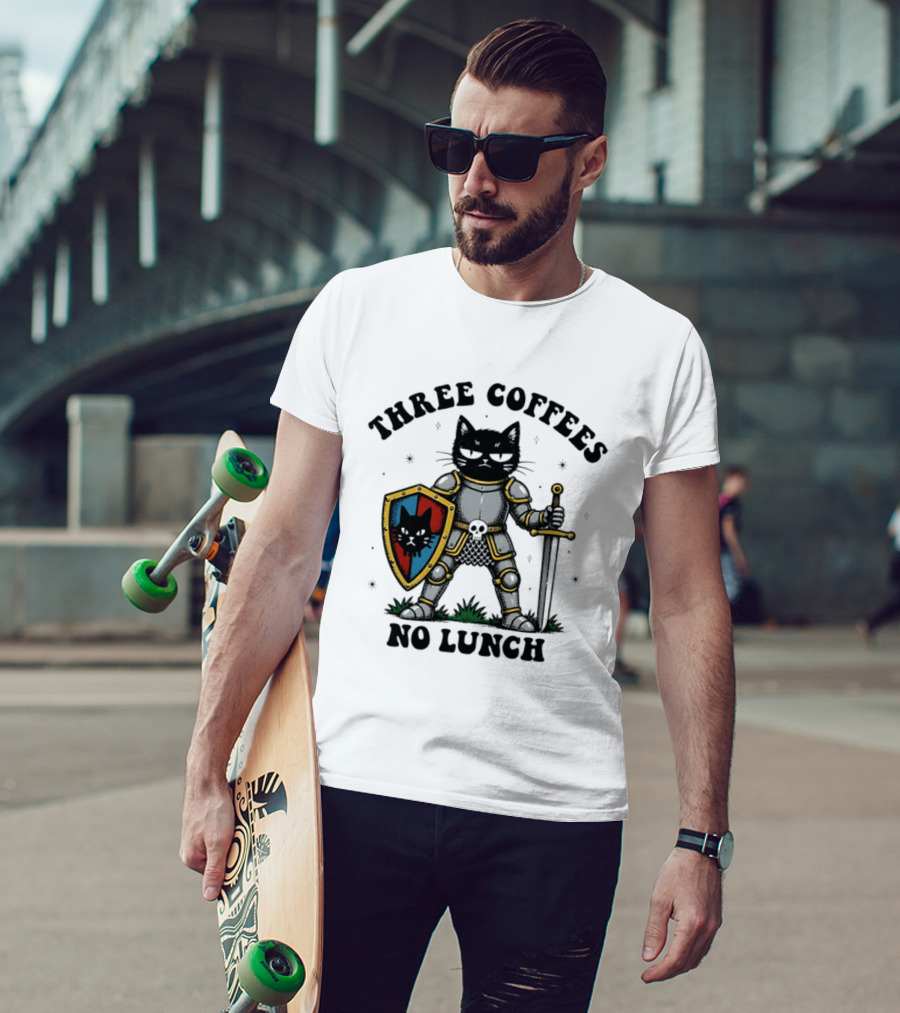 Three Coffees No Lunch Black Cat Armored Knight Shield T-Shirt