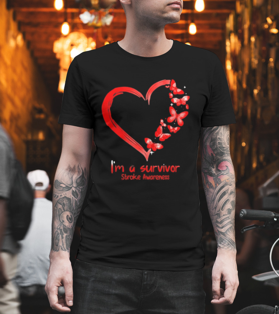 I'm A Survivor Stroke Awareness Heart And Red Butterflies T-Shirt