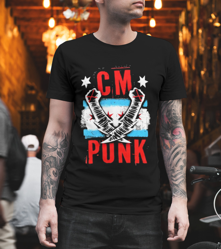 CM Punk Chicago Flag Lightning Bolt Fist WWE Stars T-Shirt