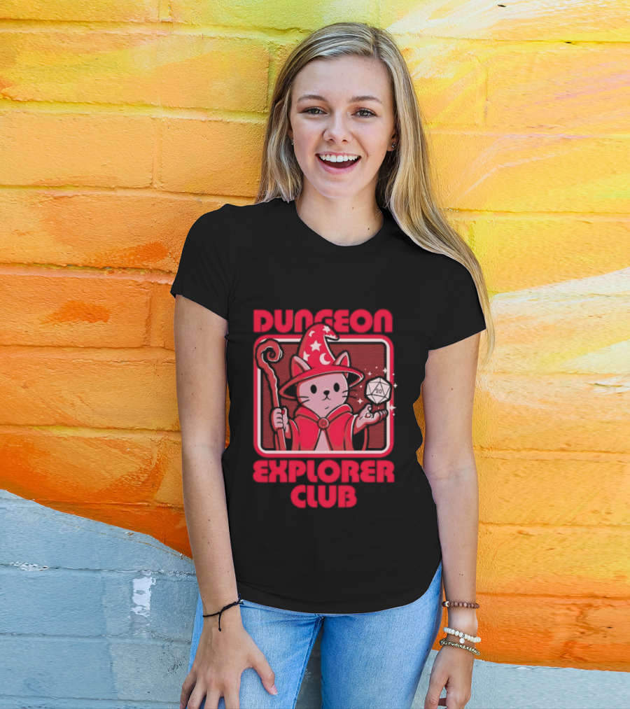 Dungeon Explorer Club Wizard Cat With D20 Dice Magic Wand T-Shirt