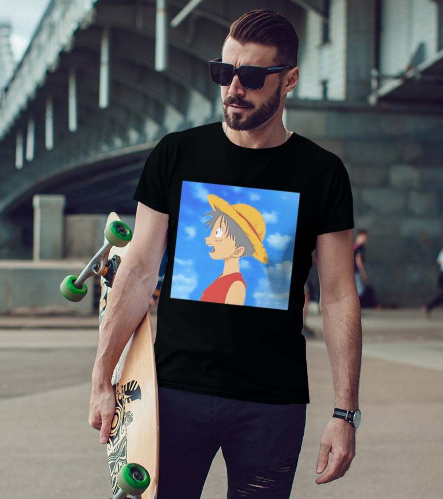 Monkey D Luffy Sky Gazing Red Vest Yellow Straw Hat Anime Scene Clouds Blue Sky T-Shirt