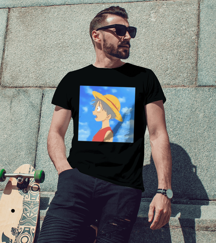 Monkey D Luffy Sky Gazing Red Vest Yellow Straw Hat Anime Scene Clouds Blue Sky T-Shirt