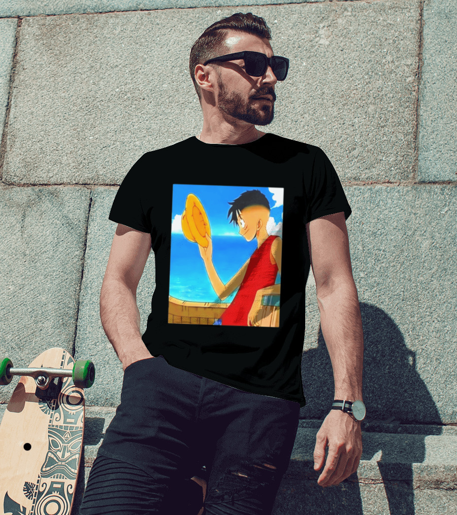 One Piece Luffy Taper Fade Anime Manga Straw Hat Ocean Scene T-Shirt