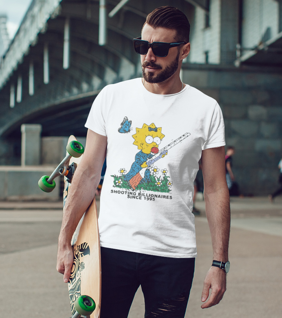 Maggie Simpson Shooting Billionaires Butterfly And Flowers Since 1995 T-Shirt