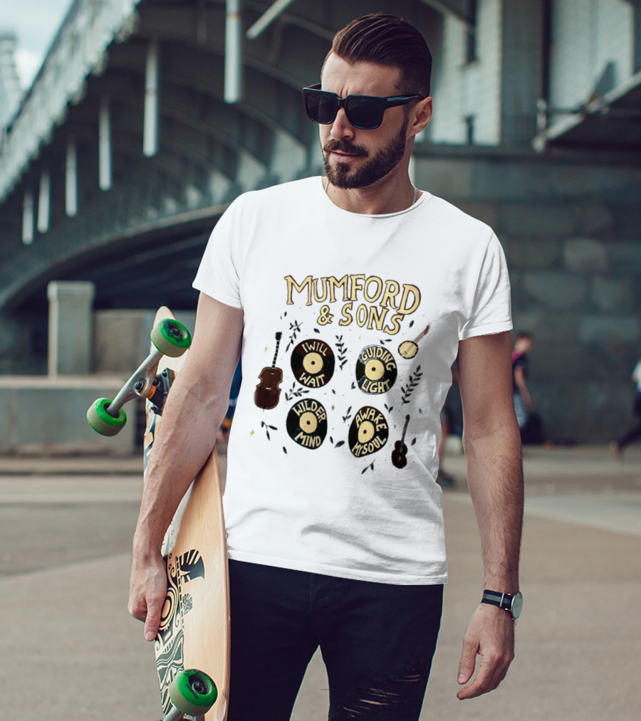 Mumford And Sons I Will Wait Guiding Light Wilder Mind Awake My Soul Vinyl Record Banjo Guitar T-Shirt