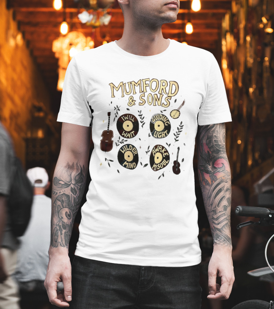 Mumford And Sons I Will Wait Guiding Light Wilder Mind Awake My Soul Vinyl Record Banjo Guitar T-Shirt
