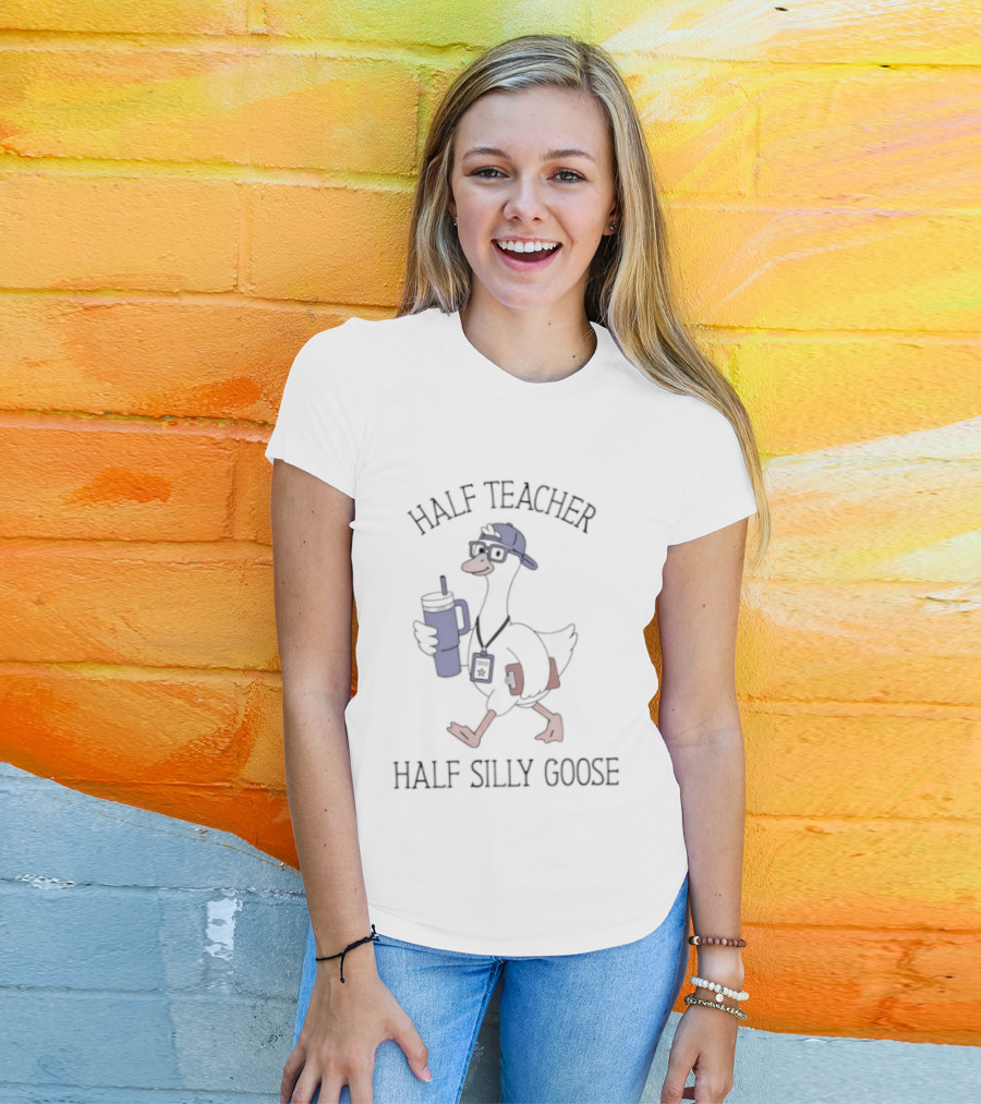 Half Teacher Half Silly Goose Funny Cartoon Duck With Coffee And School Supplies T-Shirt