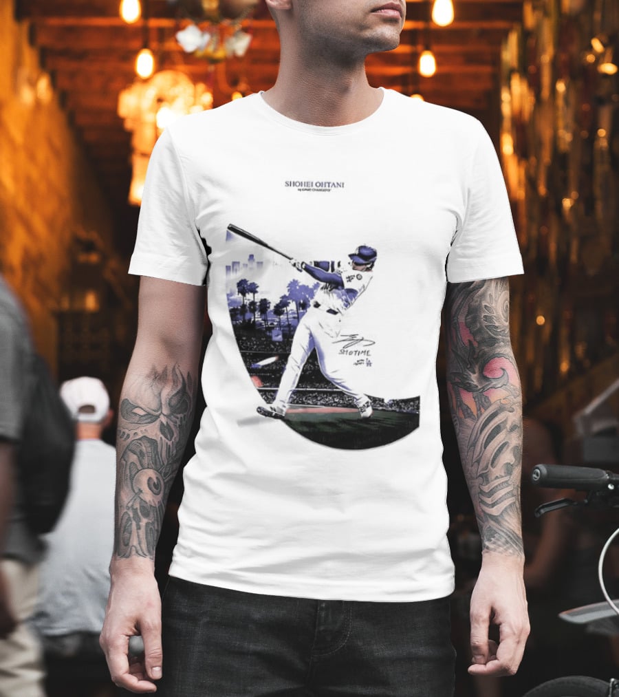 Shohei Ohtani 17 Los Angeles Angels MLB Slugger Swing Two Sided T-Shirt