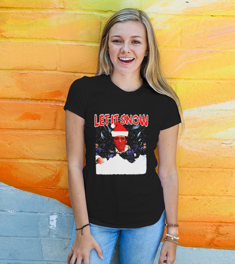 Let It Snow Al Pacino Scarface Tony Montana Snowflakes Santa Hat T-Shirt