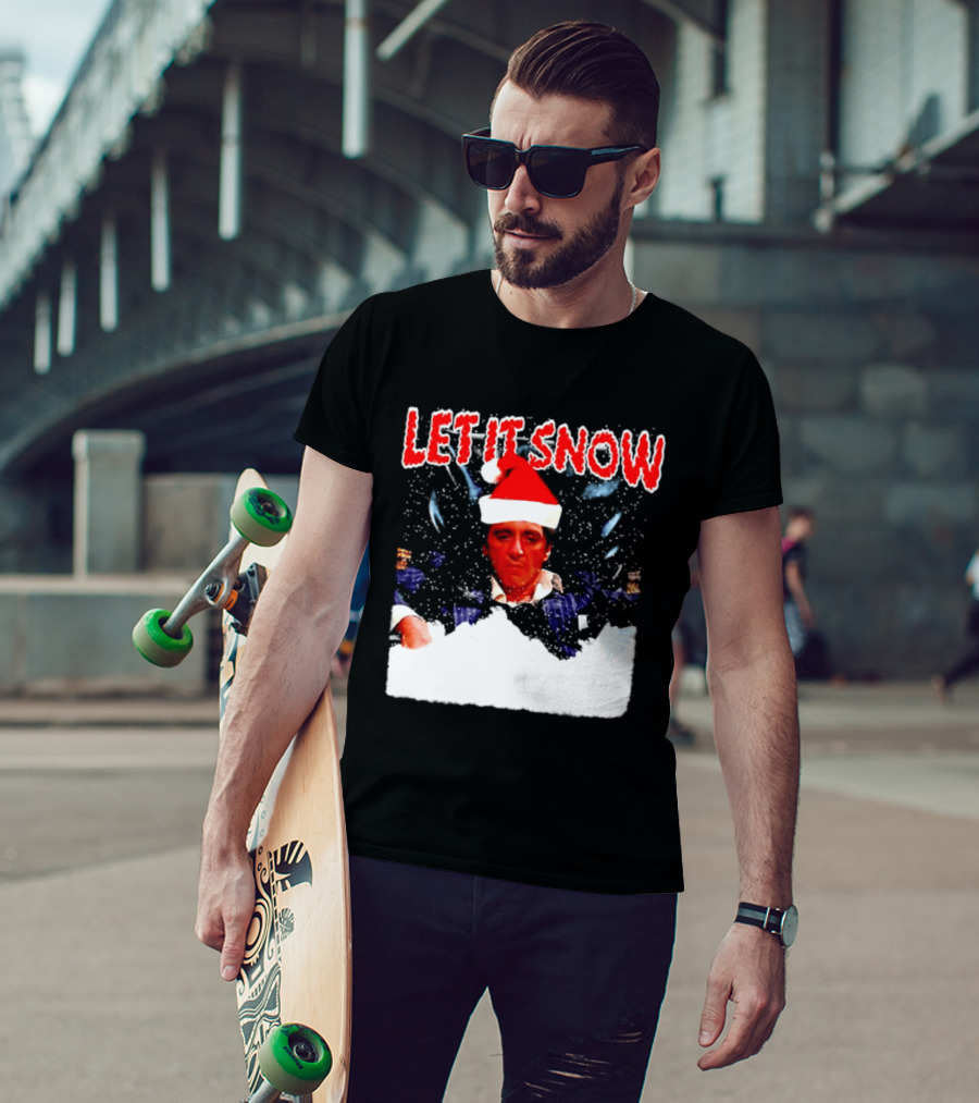 Let It Snow Al Pacino Scarface Tony Montana Snowflakes Santa Hat T-Shirt