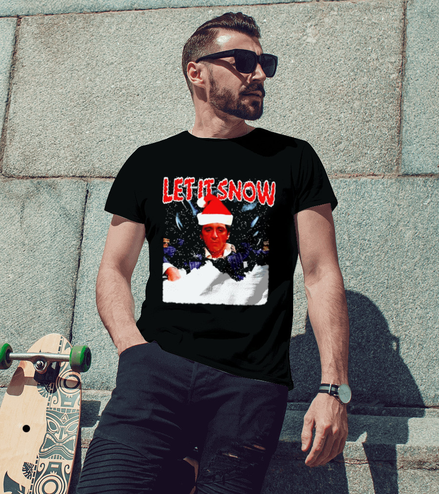 Let It Snow Al Pacino Scarface Tony Montana Snowflakes Santa Hat T-Shirt