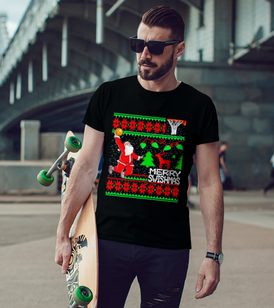 Santa Claus Dunking Basketball Ugly Christmas Sweater Merry Swishmas T-Shirt