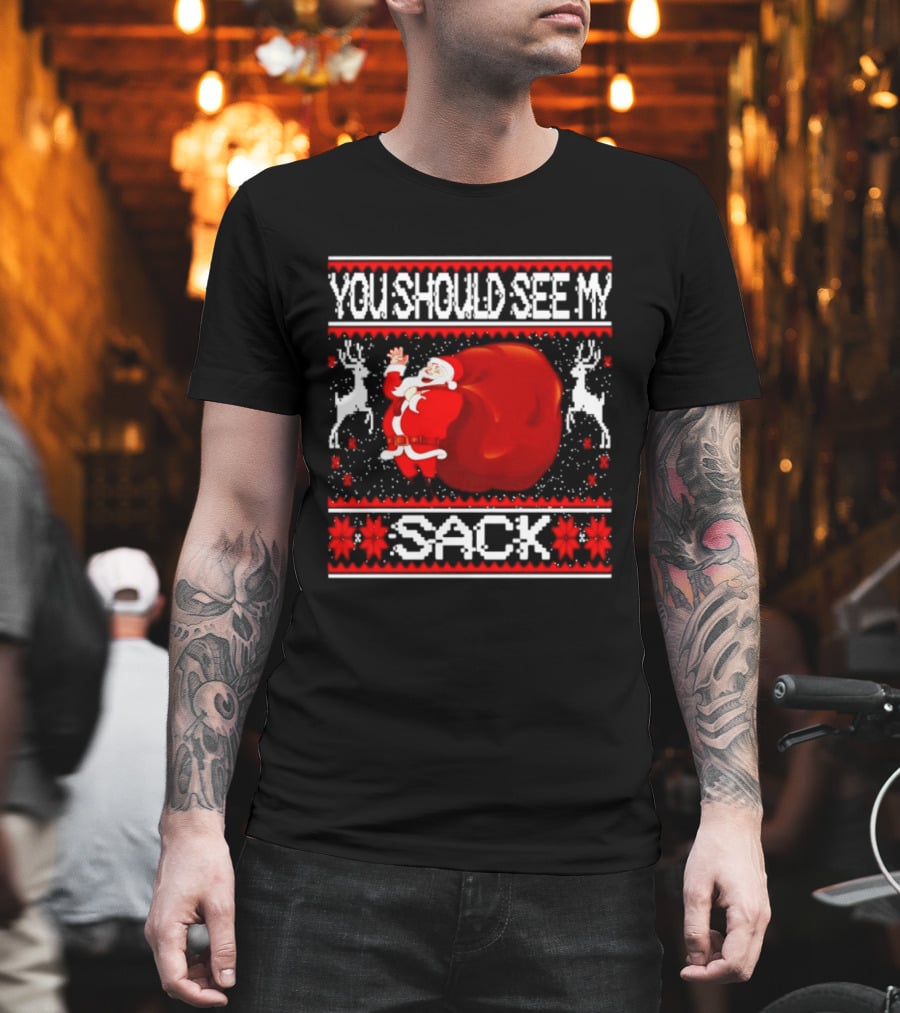 You Should See My Sack Santa Claus Ugly Christmas Reindeer Snowflakes T-Shirt