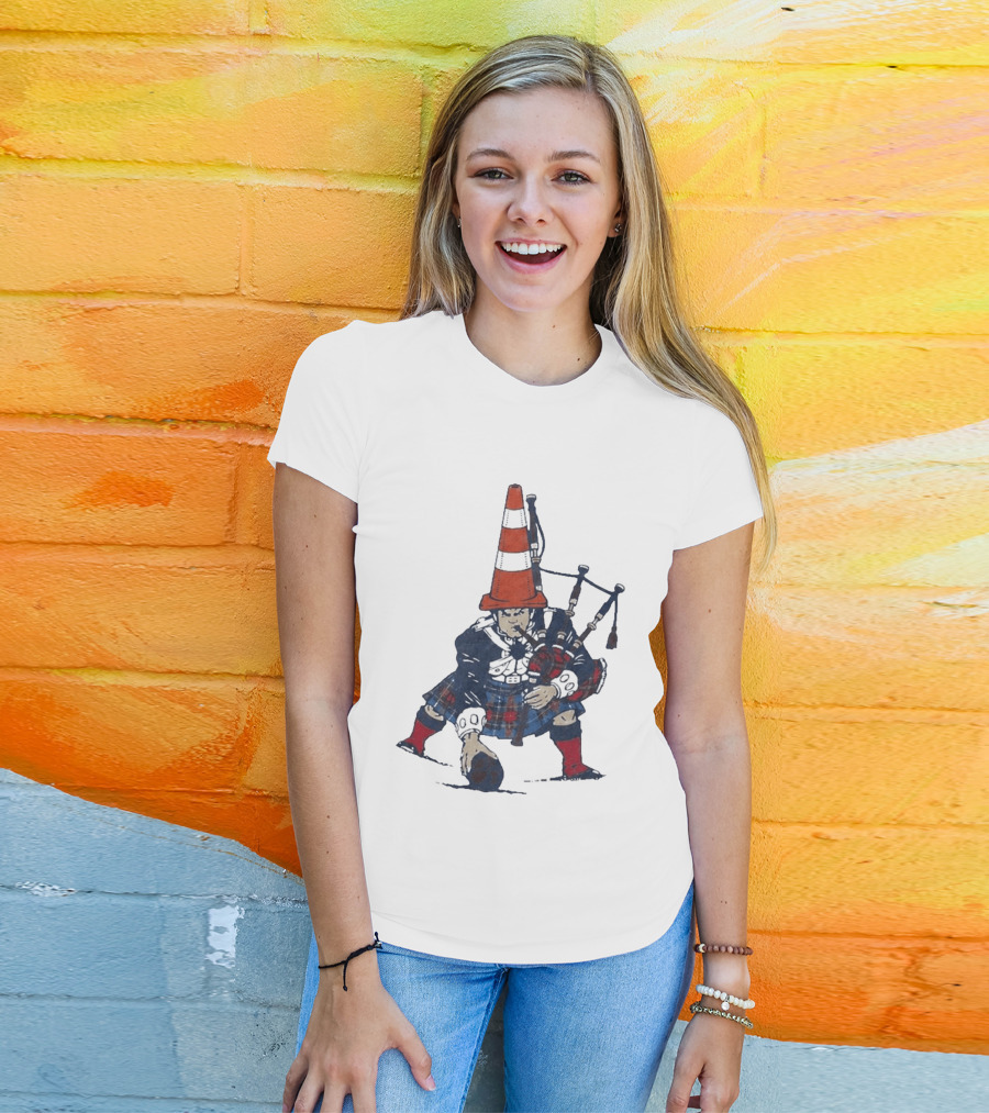 Bagpipes Player With Traffic Cone Hat Scottish Kilt Outfit T-Shirt