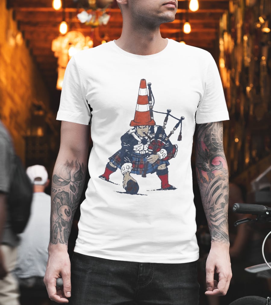 Bagpipes Player With Traffic Cone Hat Scottish Kilt Outfit T-Shirt