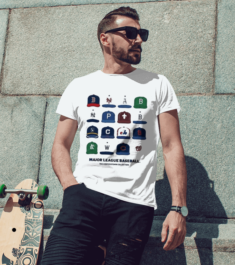 Major League Baseball Cooperstown Collection Cap Collage Featuring Historic Team Logos T-Shirt