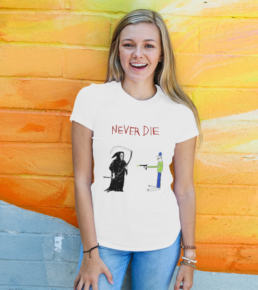 Never Die Grim Reaper Confronts Armed Man Drawing T-Shirt