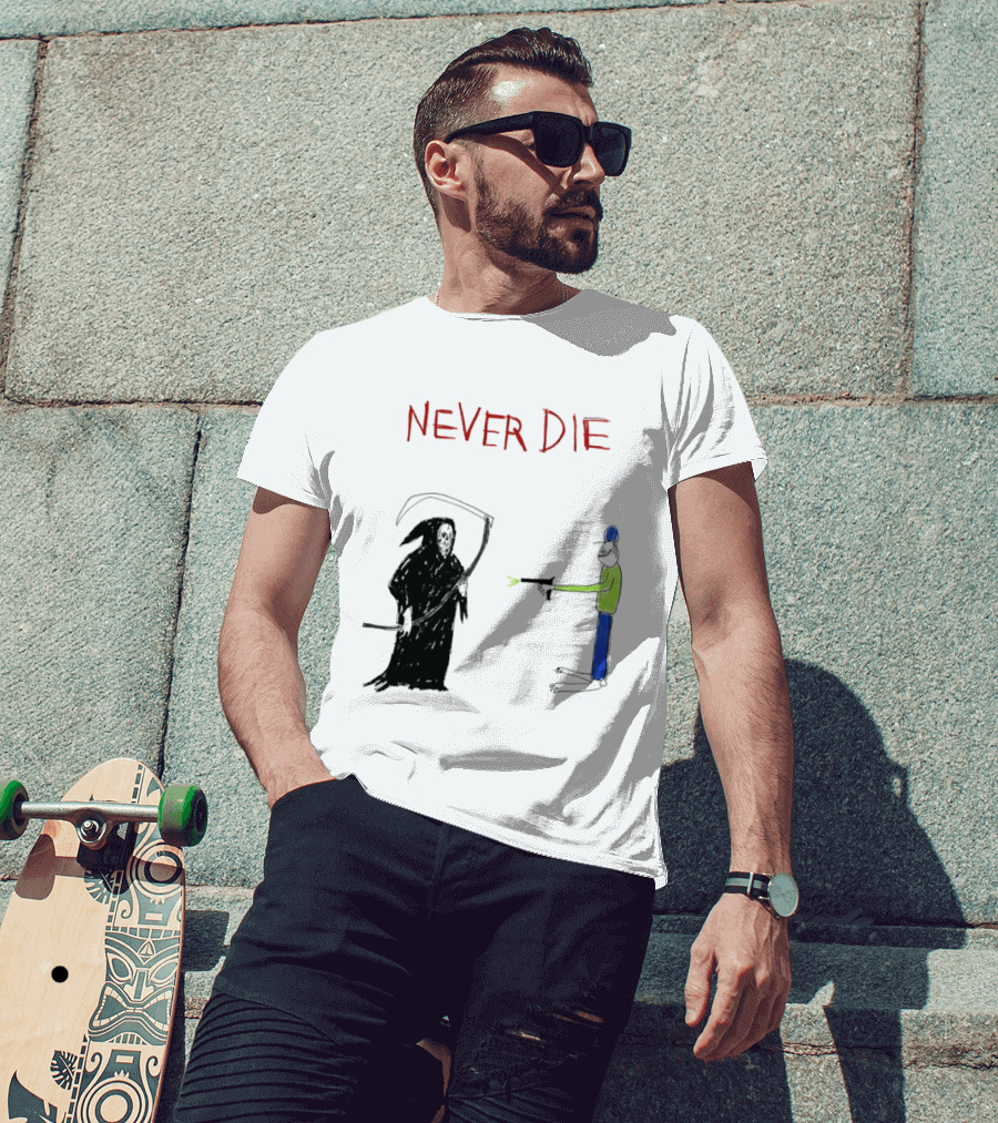 Never Die Grim Reaper Confronts Armed Man Drawing T-Shirt