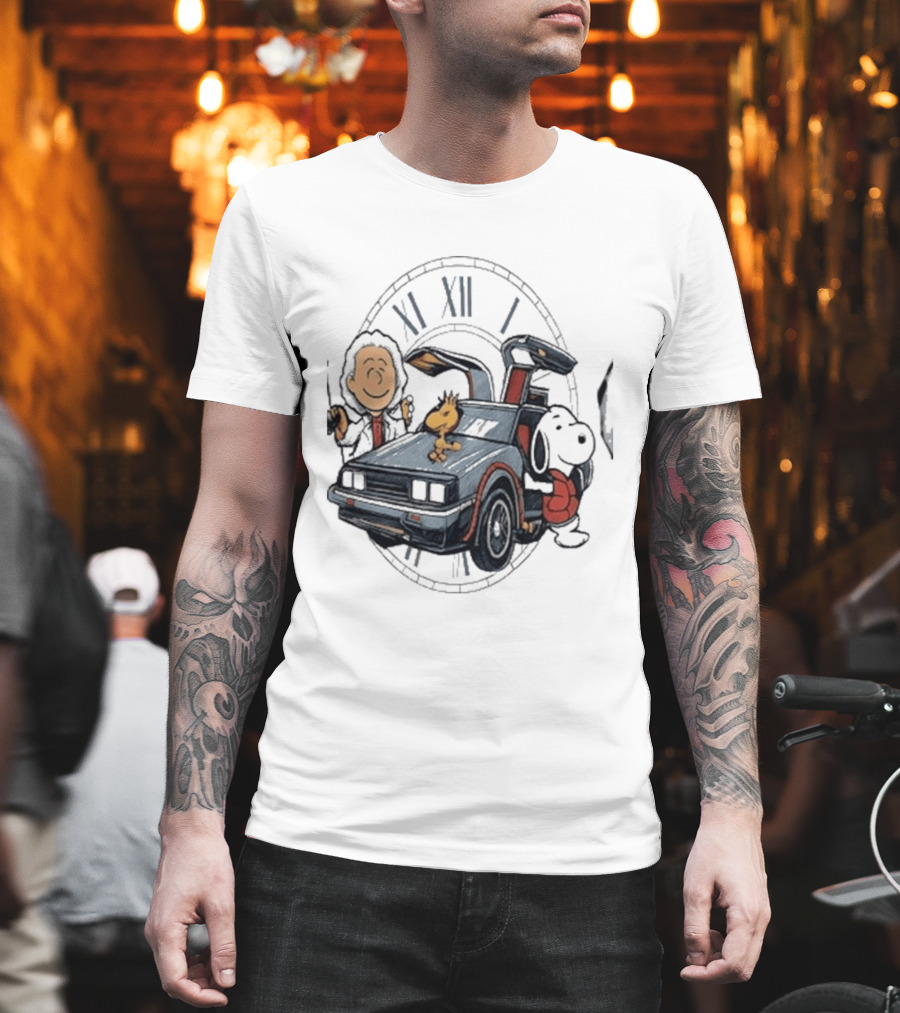 Peanuts Characters With DeLorean Time Machine And T-Shirt