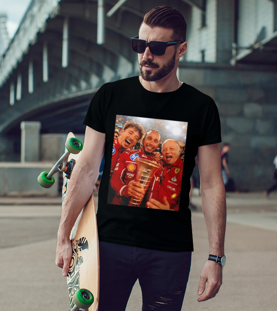 Charles Leclerc Lewis Hamilton Frederic Vasseur Ferrari Victory Celebration Trophy BP Shell Santander CEVA Racing T-Shirt