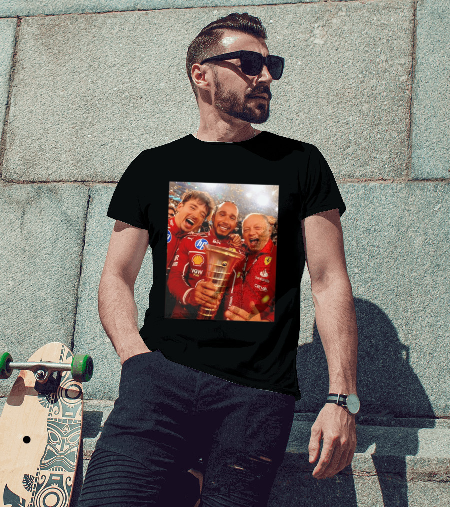 Charles Leclerc Lewis Hamilton Frederic Vasseur Ferrari Victory Celebration Trophy BP Shell Santander CEVA Racing T-Shirt
